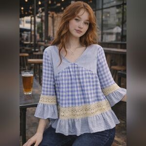 Blue Gingham Lace-Trim Peasant Top - Women